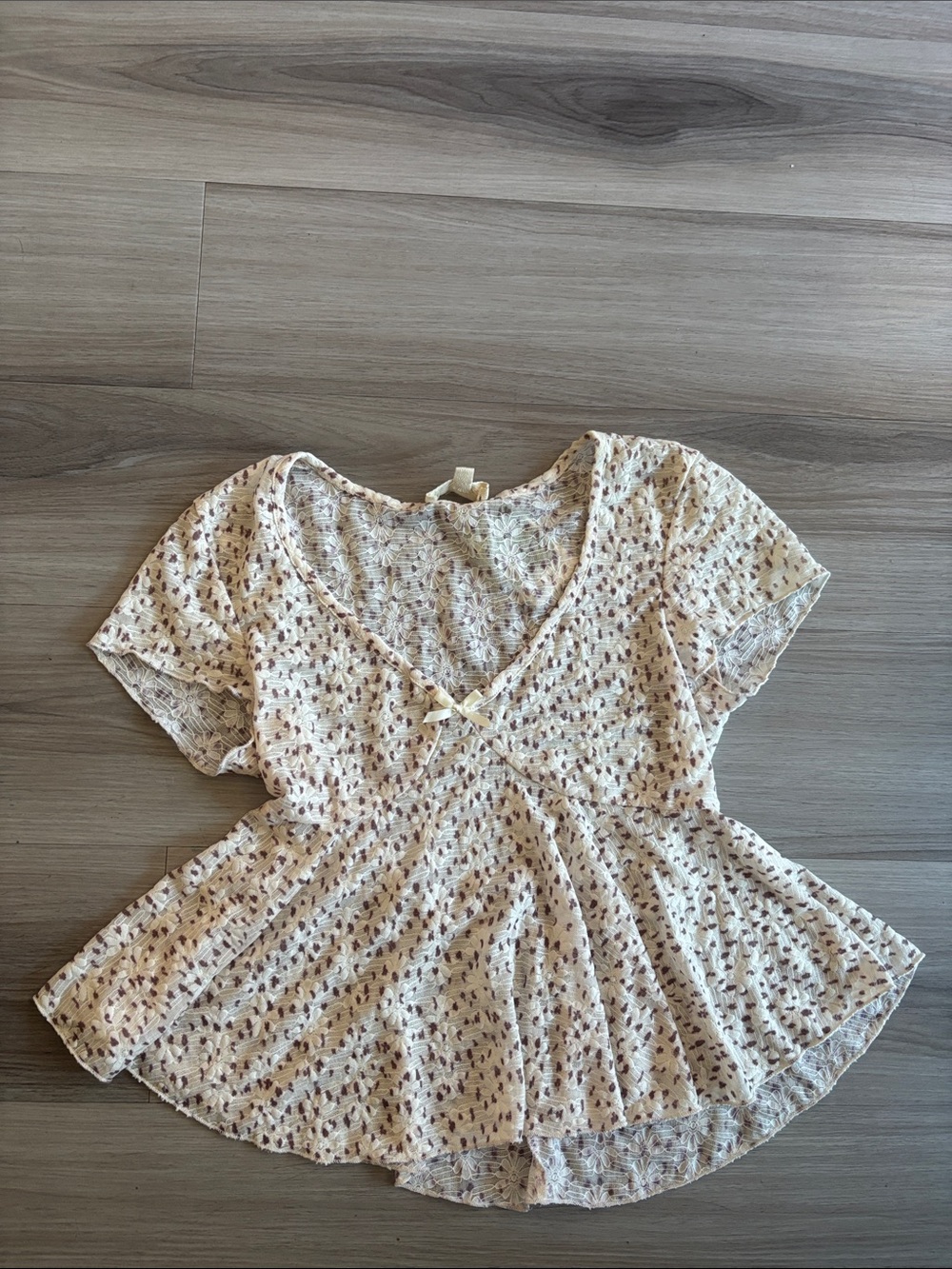 Cream Floral Peplum V-Neck Blouse with Bow Detail